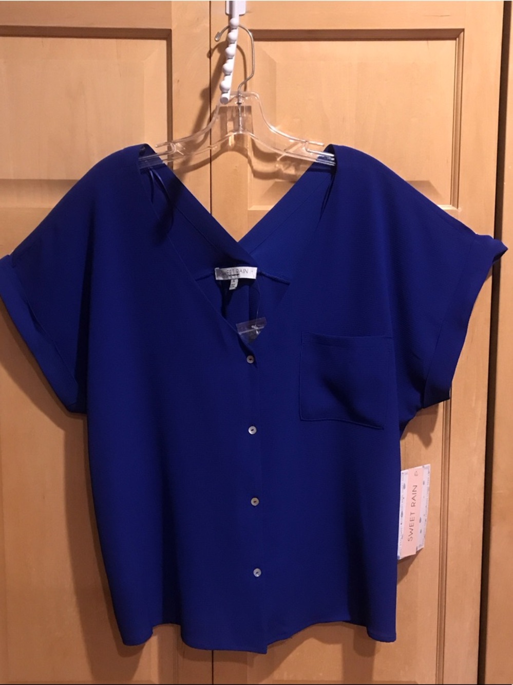 New Sweet Rain Royal Blue Button-Front V-Neck Blouse
